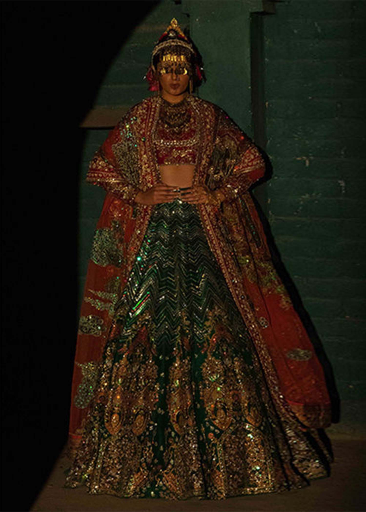 Pakistani Emerald Green Zardozi Raw Silk Lehenga (3-Piece) - Image 1