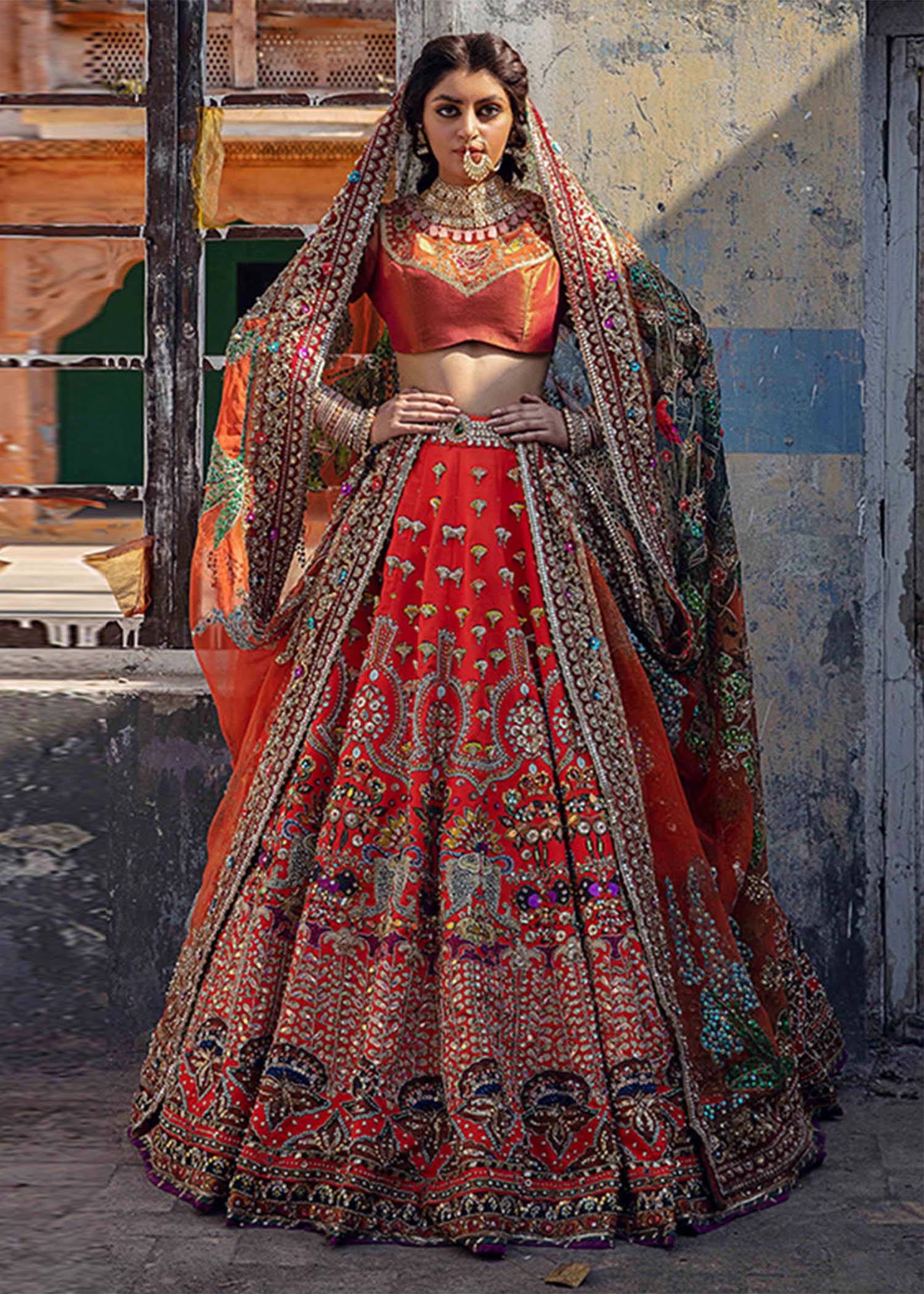 Pakistani Emerald Green Zardozi Raw Silk Lehenga (3-Piece) - Image 5