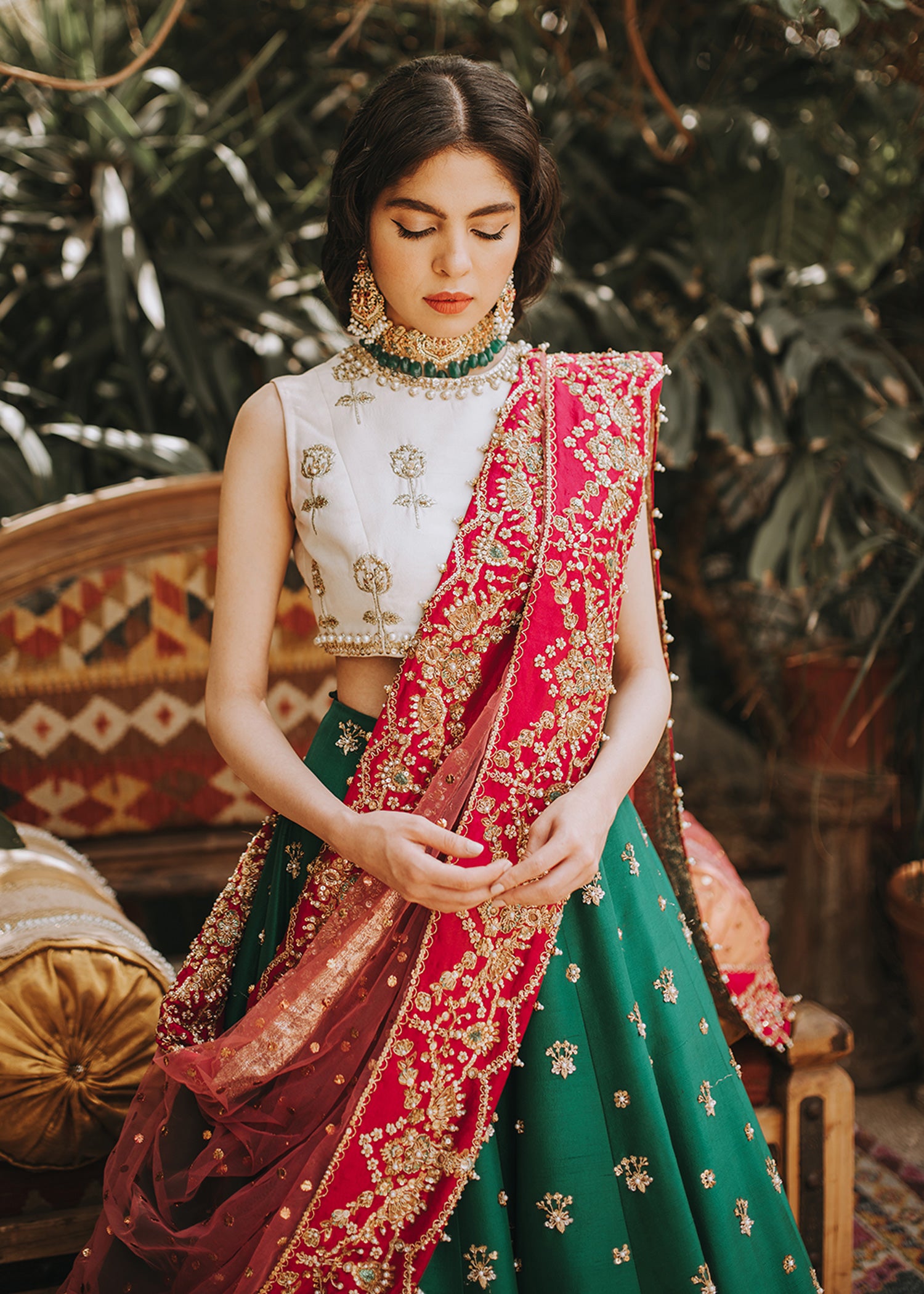 Emerald Green Zardozi Raw Silk Lehenga (3-Piece) - Image 4
