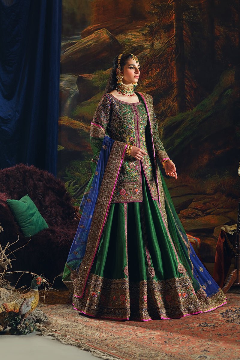 Bottle Green Embroidered Raw Silk Lehenga (3-Piece) - Image 1
