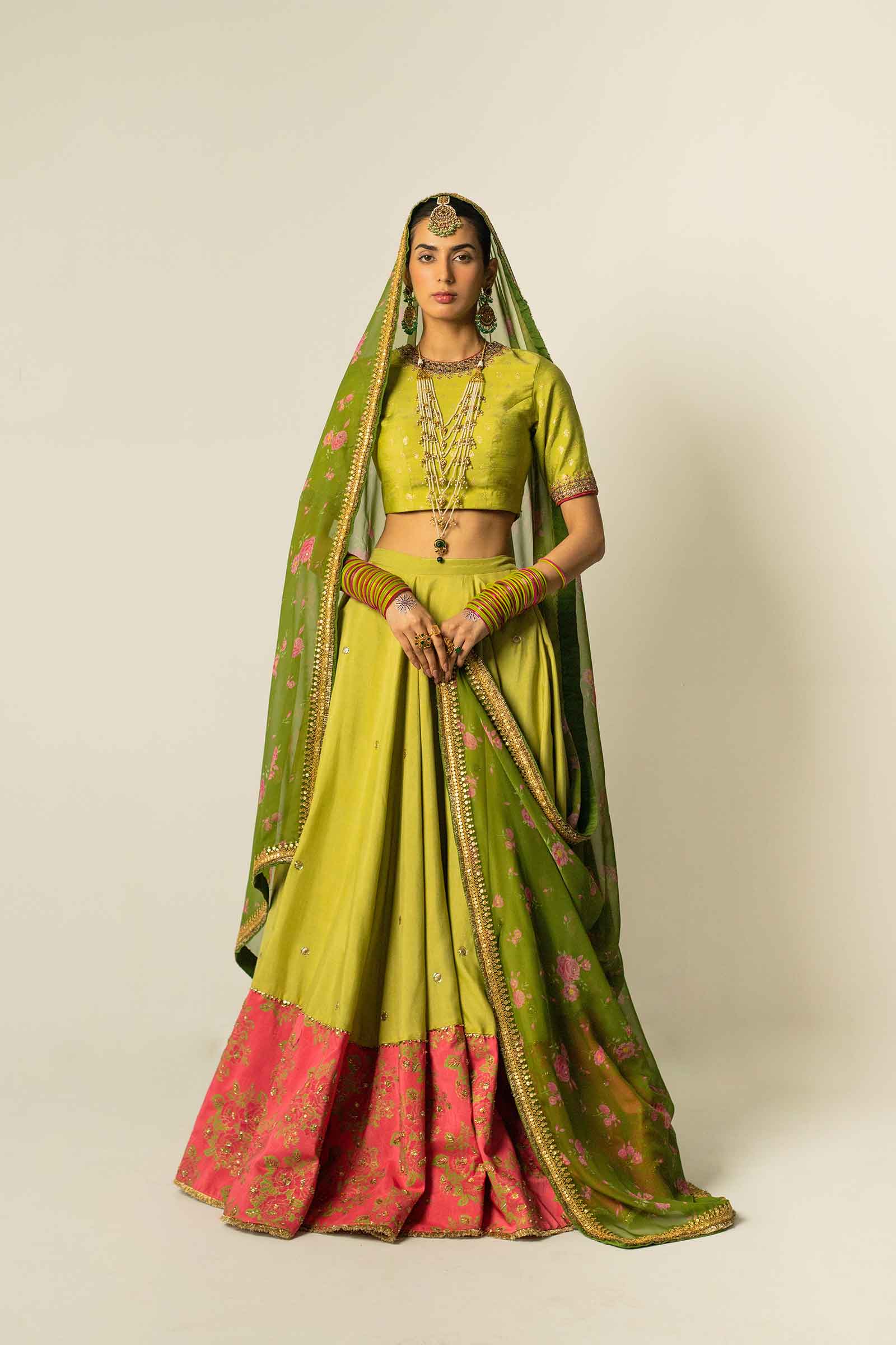Green Zari Jacquard & Raw Silk Lehenga Choli (3-Piece) - Image 1