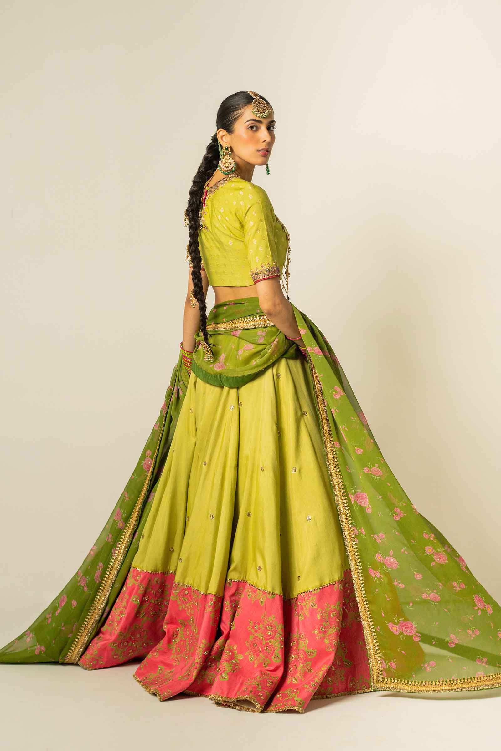 Green Zari Jacquard & Raw Silk Lehenga Choli (3-Piece) - Image 10