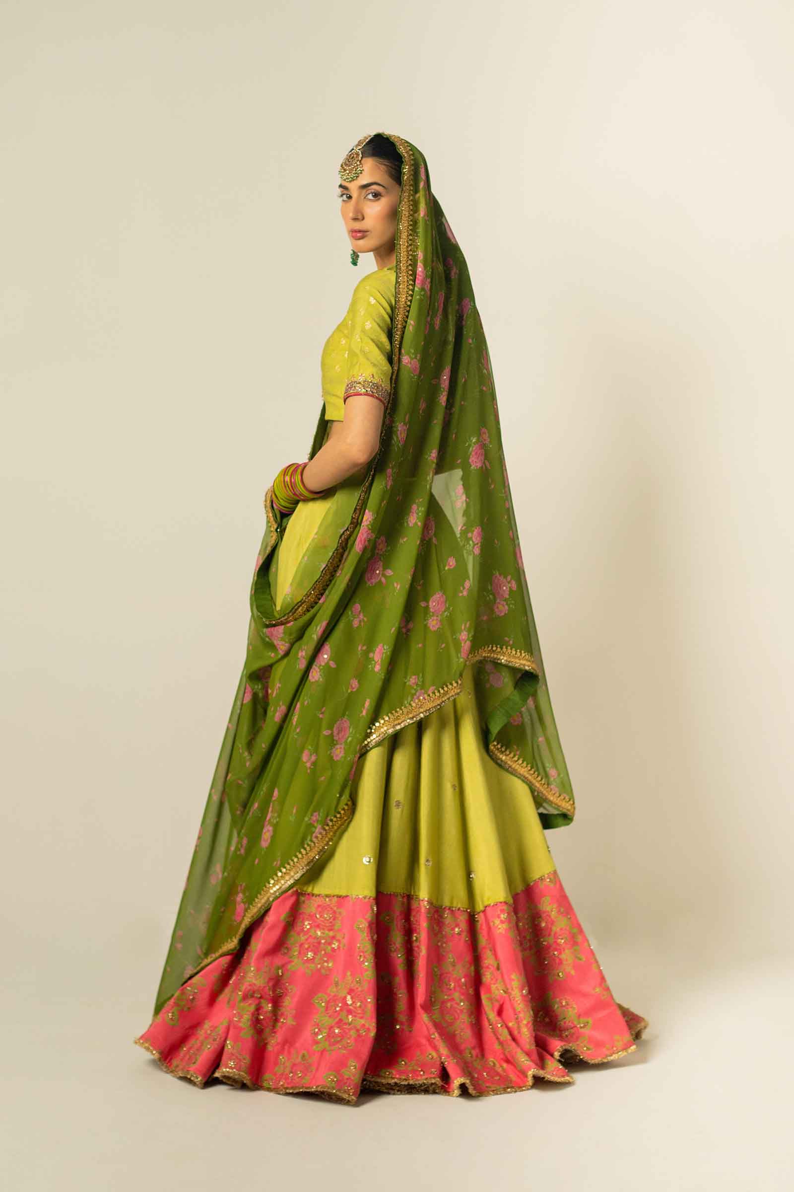 Green Zari Jacquard & Raw Silk Lehenga Choli (3-Piece) - Image 11
