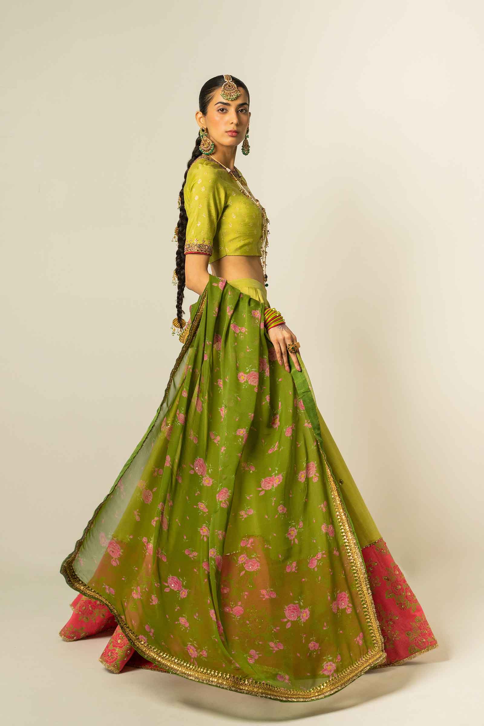 Green Zari Jacquard & Raw Silk Lehenga Choli (3-Piece) - Image 12