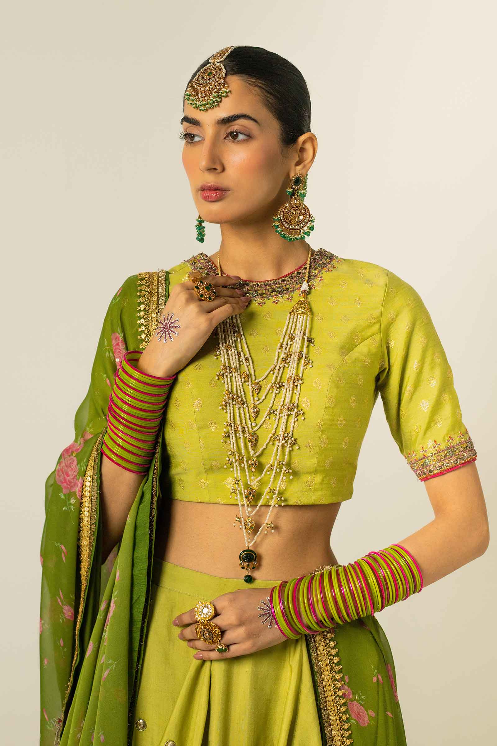 Green Zari Jacquard & Raw Silk Lehenga Choli (3-Piece) - Image 2
