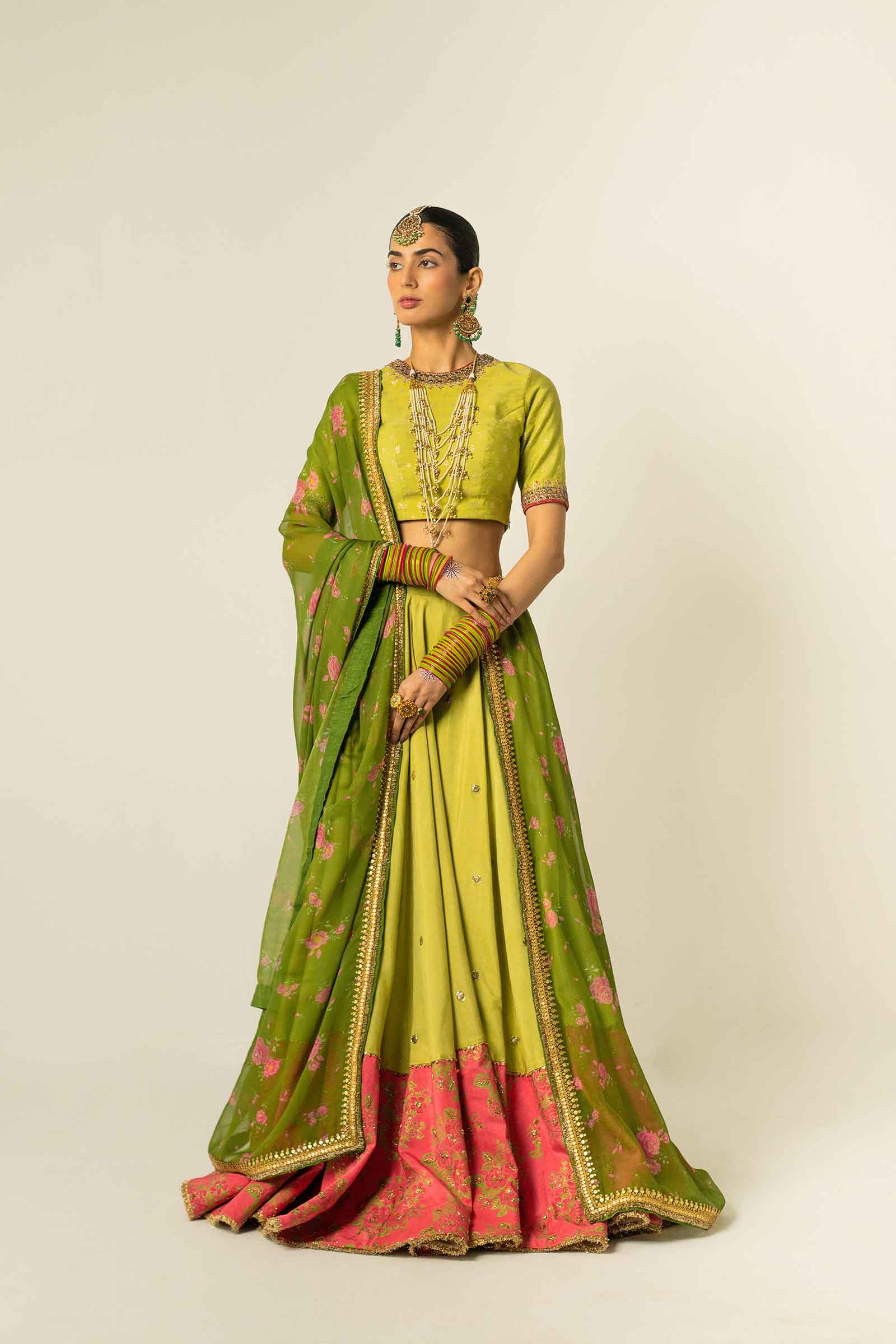 Green Zari Jacquard & Raw Silk Lehenga Choli (3-Piece) - Image 4