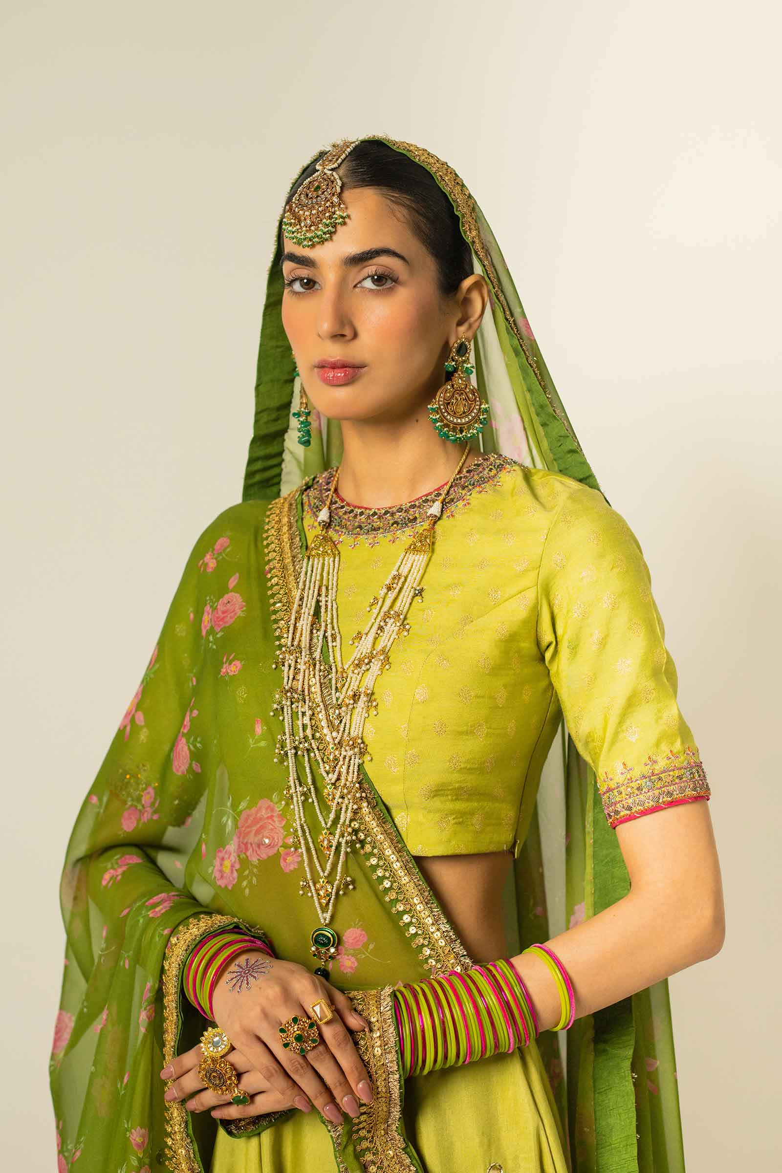 Green Zari Jacquard & Raw Silk Lehenga Choli (3-Piece) - Image 5