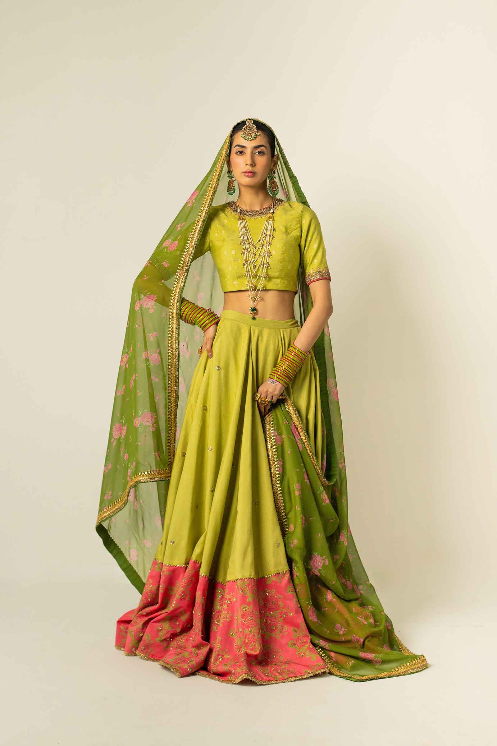 Green Zari Jacquard & Raw Silk Lehenga Choli (3-Piece) - Image 6