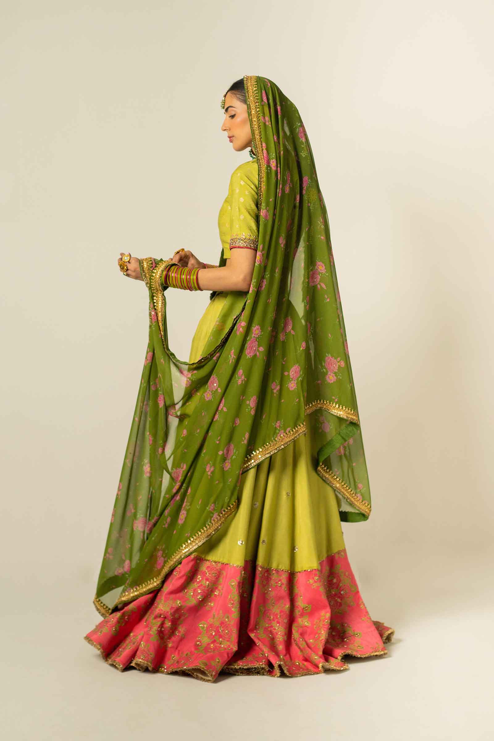 Green Zari Jacquard & Raw Silk Lehenga Choli (3-Piece) - Image 8