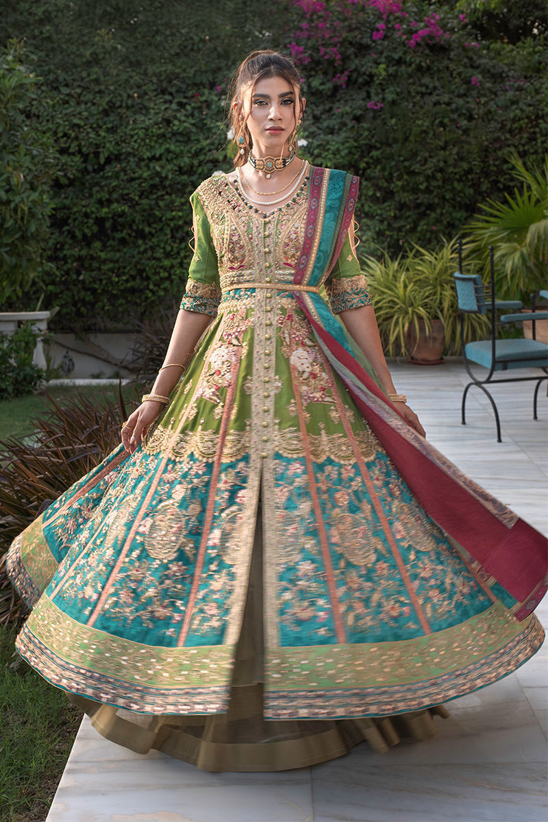 Pakistani Green & Turquoise Zardozi Raw Silk Lehenga (3-Piece) - Image 1