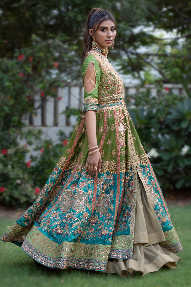 Pakistani Green & Turquoise Zardozi Raw Silk Lehenga (3-Piece) - Image 3