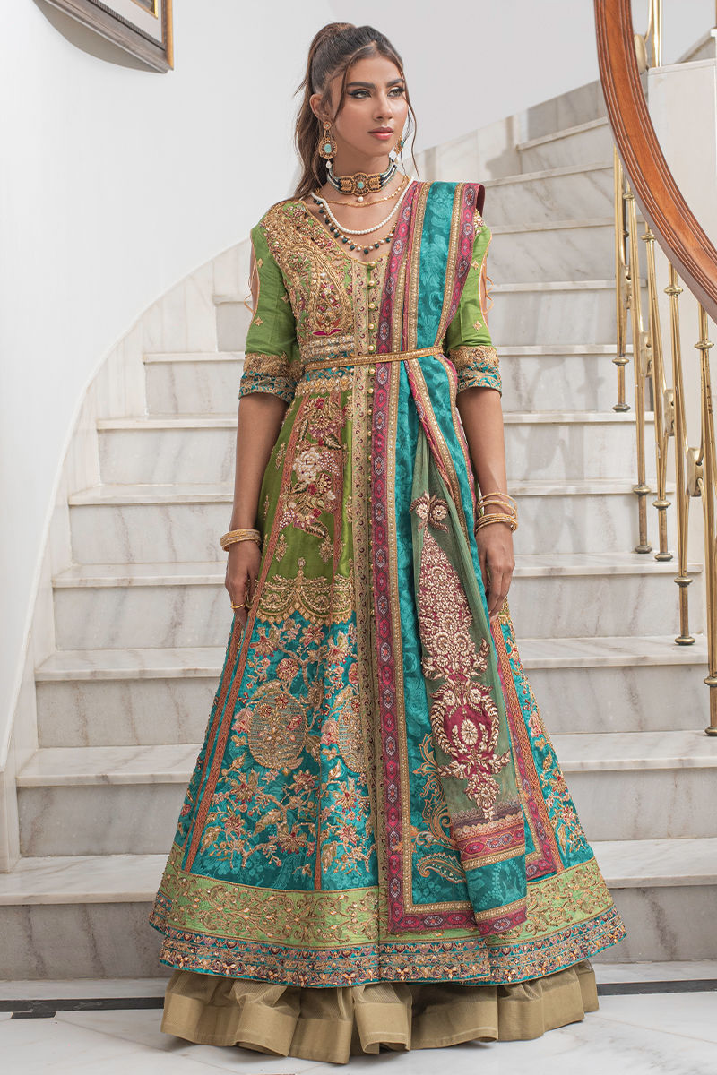 Pakistani Green & Turquoise Zardozi Raw Silk Lehenga (3-Piece) - Image 4