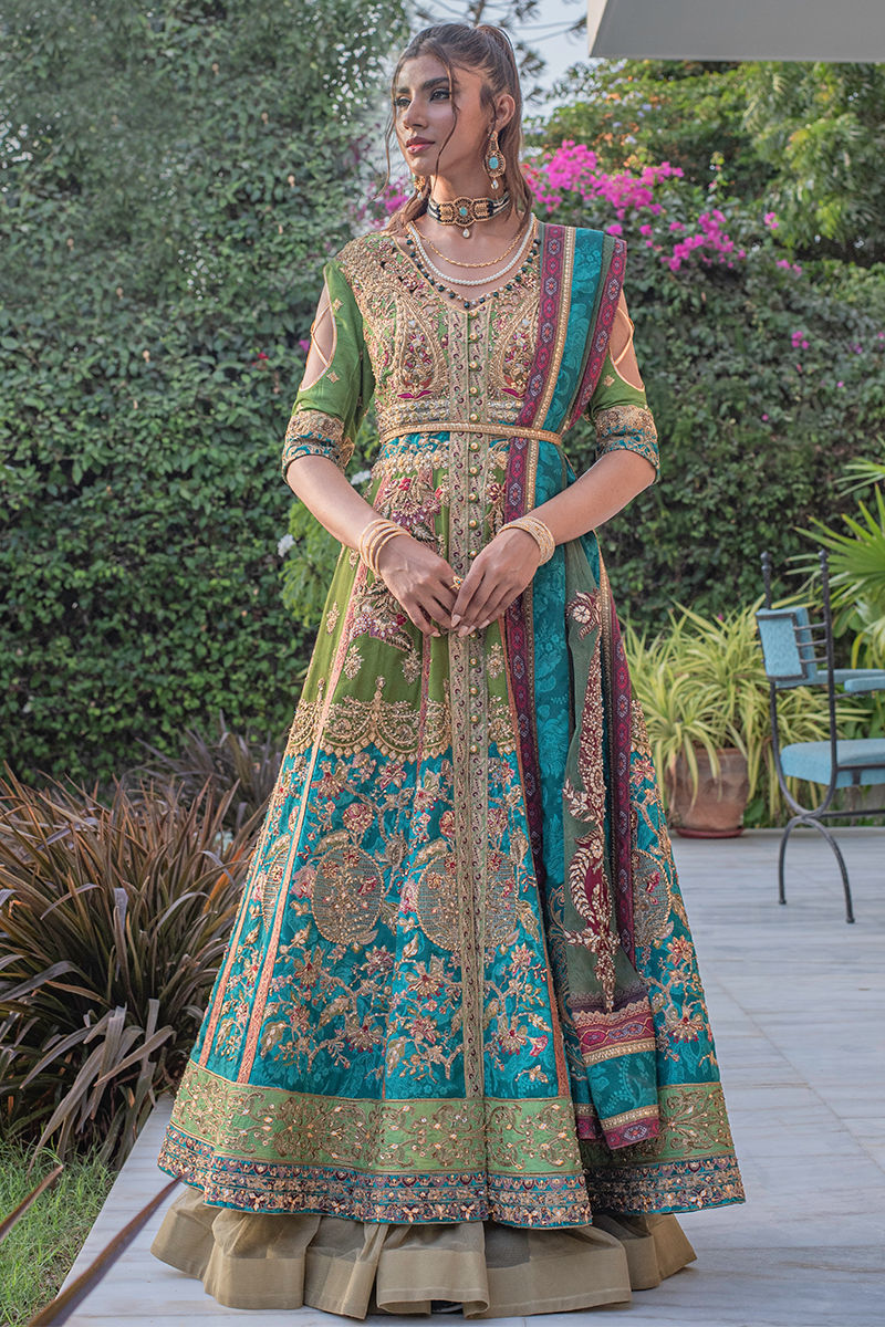 Pakistani Green & Turquoise Zardozi Raw Silk Lehenga (3-Piece) - Image 5
