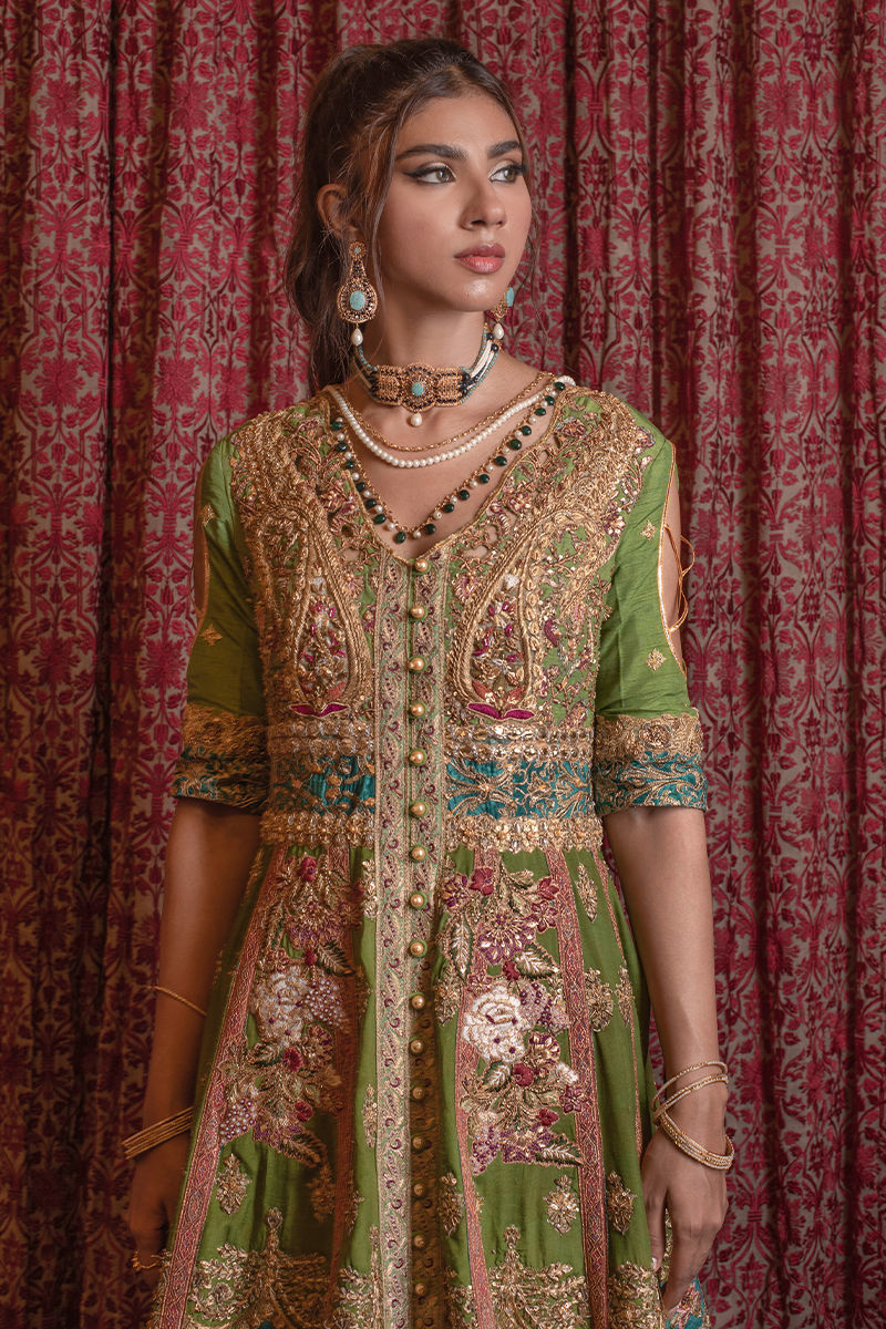 Pakistani Green & Turquoise Zardozi Raw Silk Lehenga (3-Piece) - Image 6