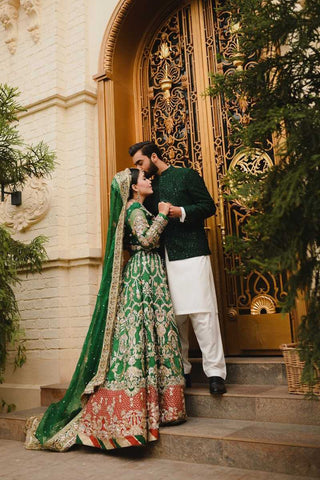 Emerald Green Embroidered Raw Silk Bridal Lehenga (3-Piece) - Image 2