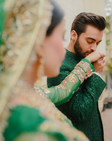 Emerald Green Embroidered Raw Silk Bridal Lehenga (3-Piece) - Image 5