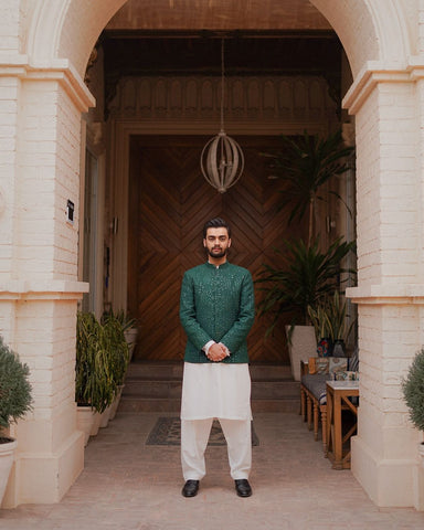 Emerald Green Embroidered Raw Silk Bridal Lehenga (3-Piece) - Image 7