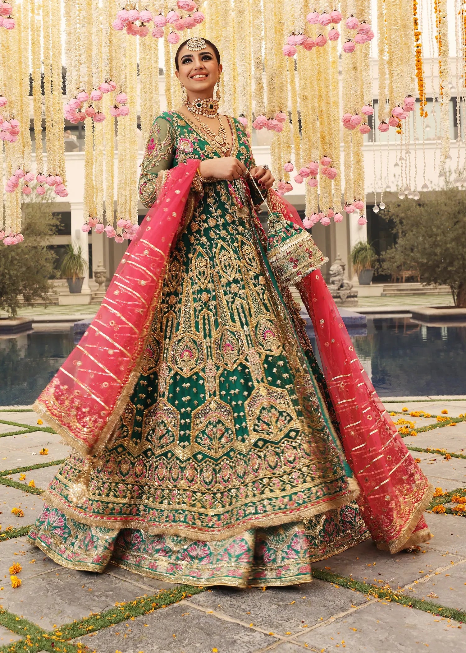 Emerald Green Embroidered Net Angrakha Lehenga (3-Piece) - Image 1