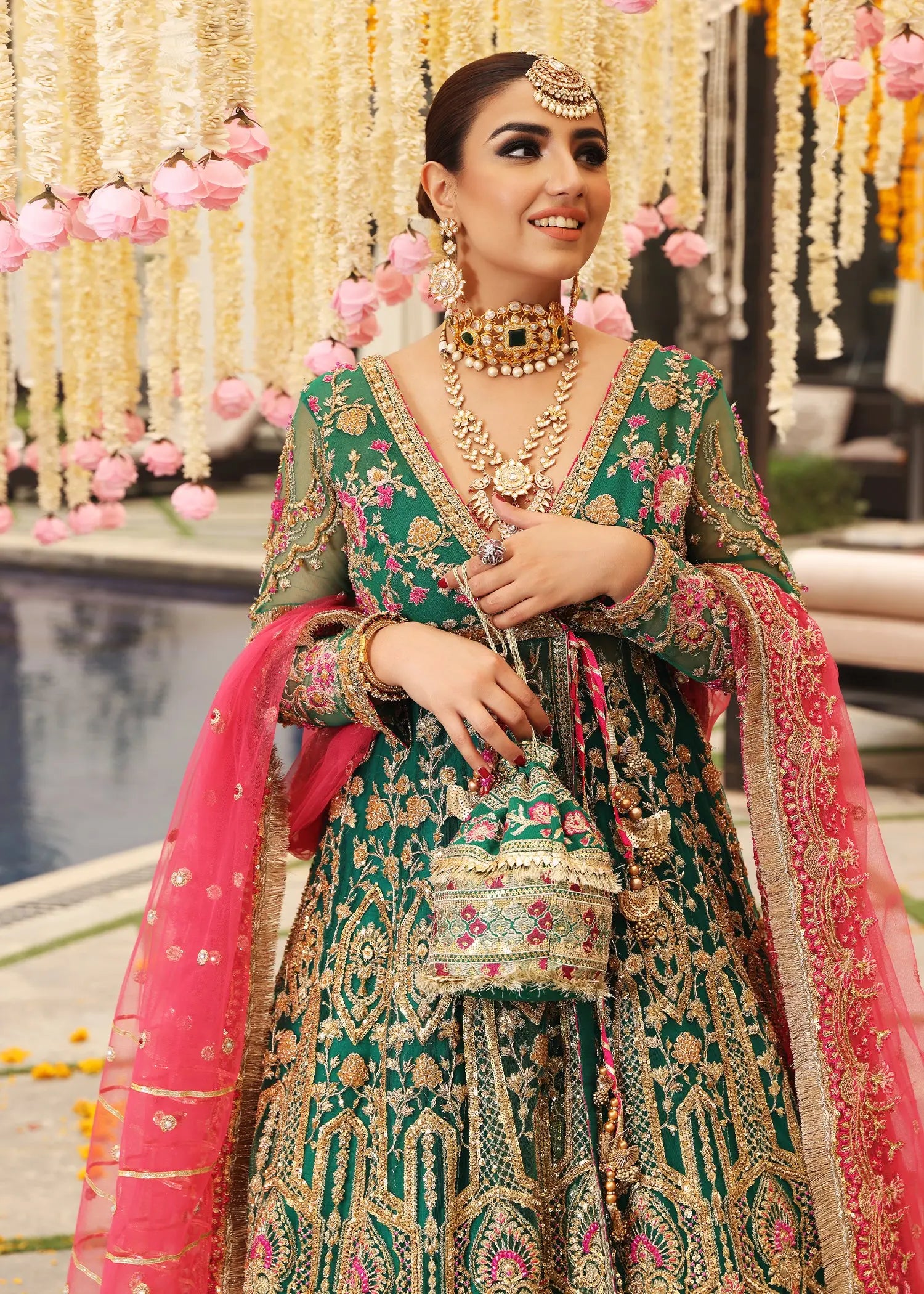 Emerald Green Embroidered Net Angrakha Lehenga (3-Piece) - Image 2