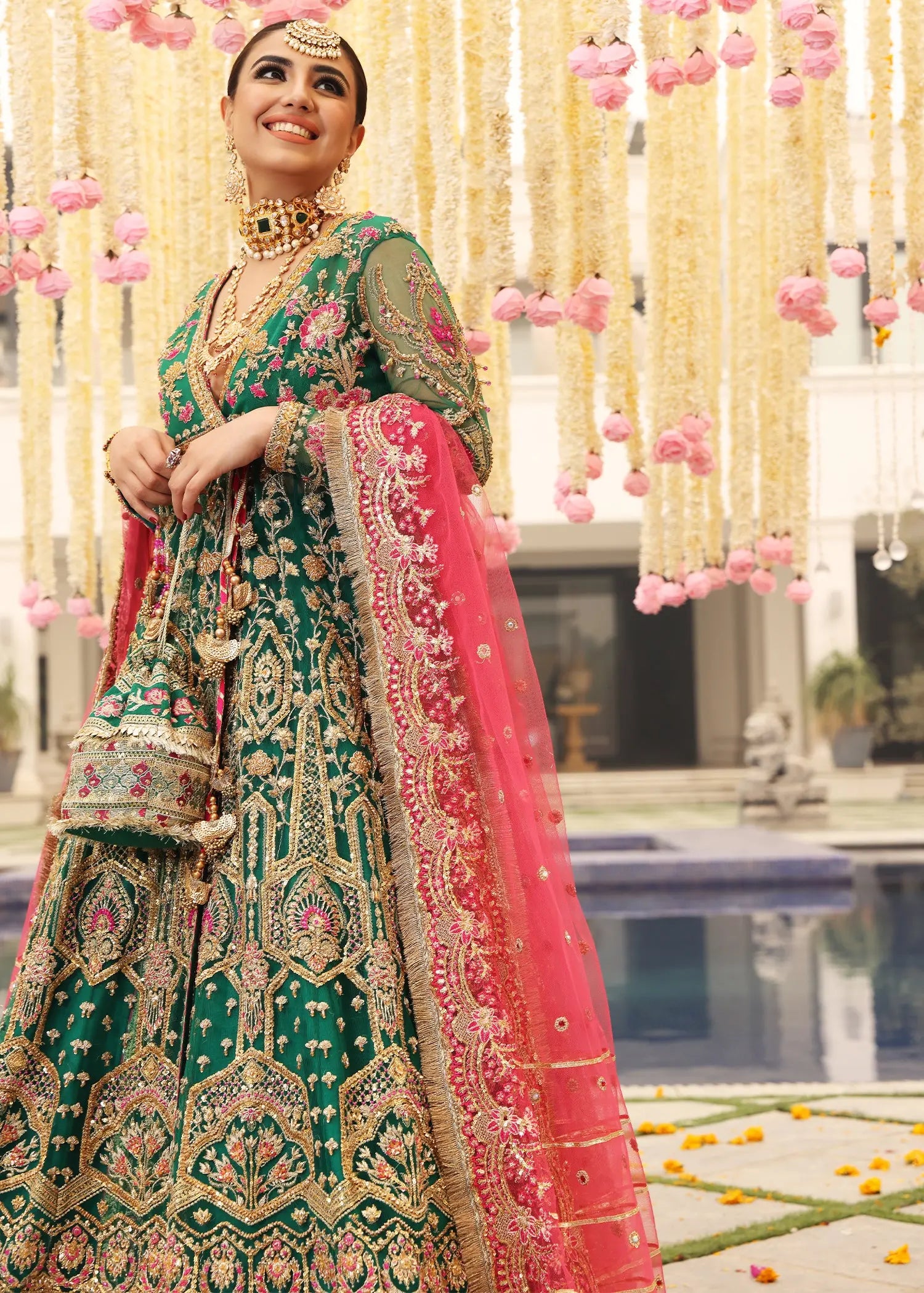Emerald Green Embroidered Net Angrakha Lehenga (3-Piece) - Image 3