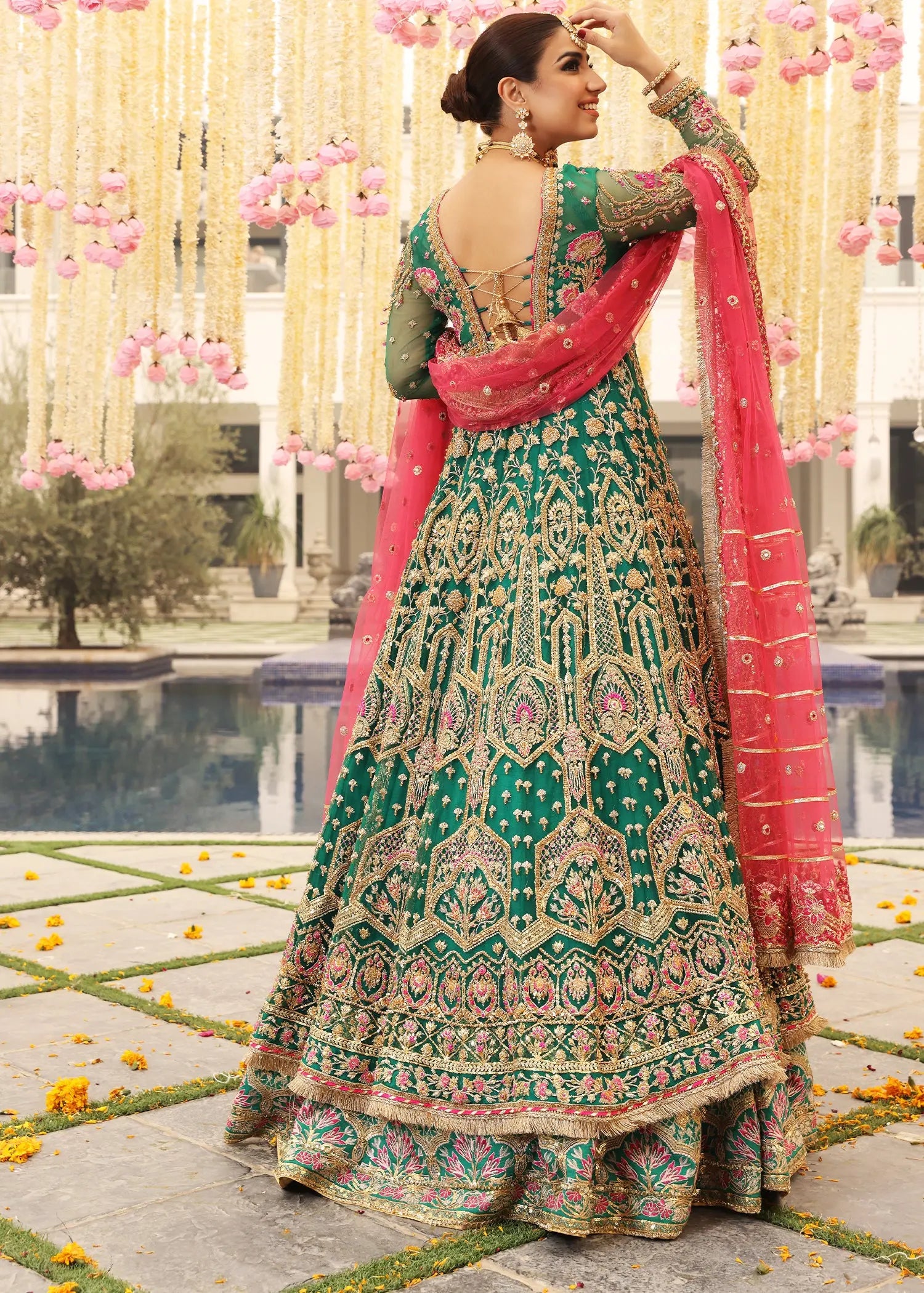 Emerald Green Embroidered Net Angrakha Lehenga (3-Piece) - Image 4