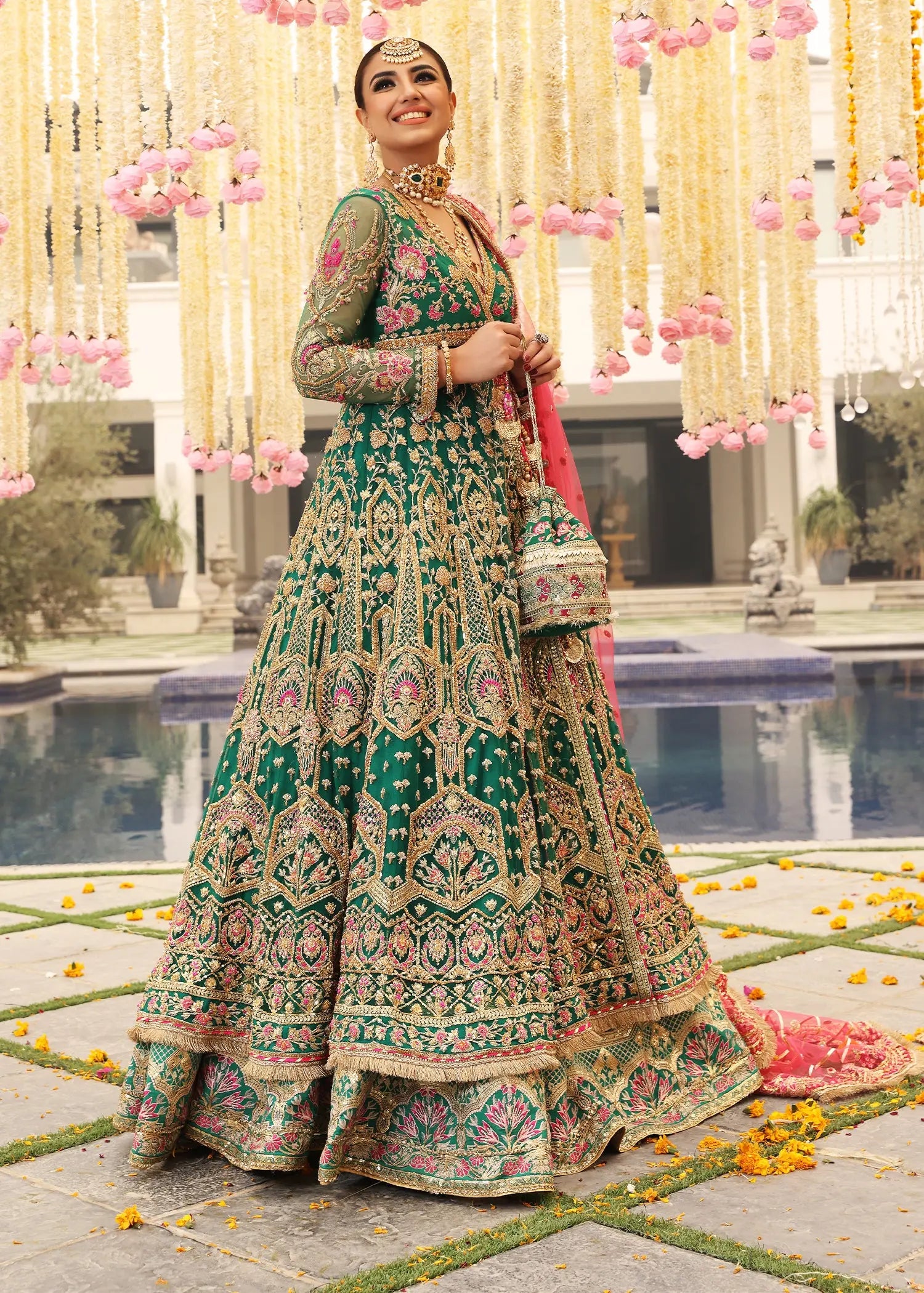 Emerald Green Embroidered Net Angrakha Lehenga (3-Piece) - Image 5