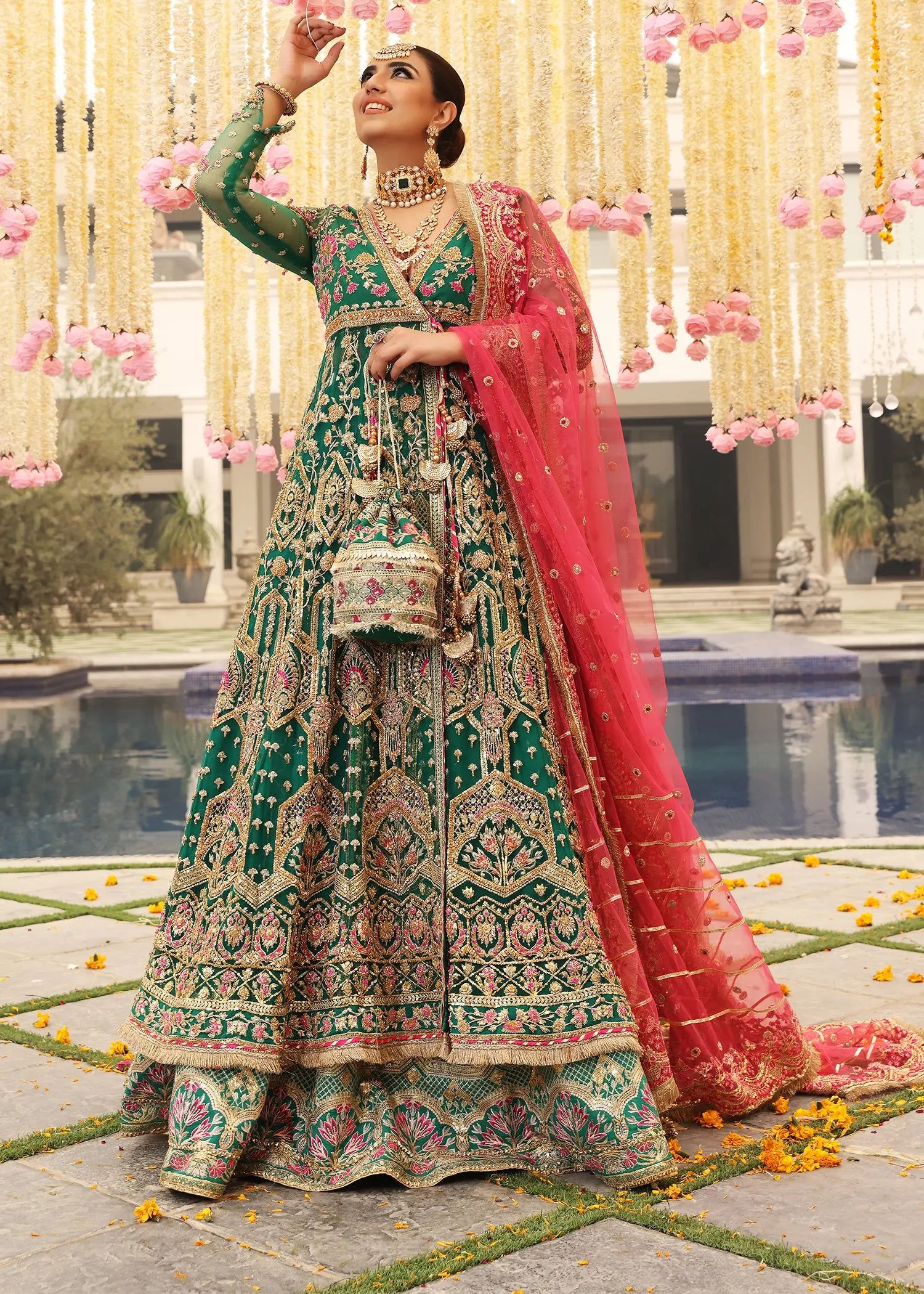 Emerald Green Embroidered Net Angrakha Lehenga (3-Piece) - Image 6