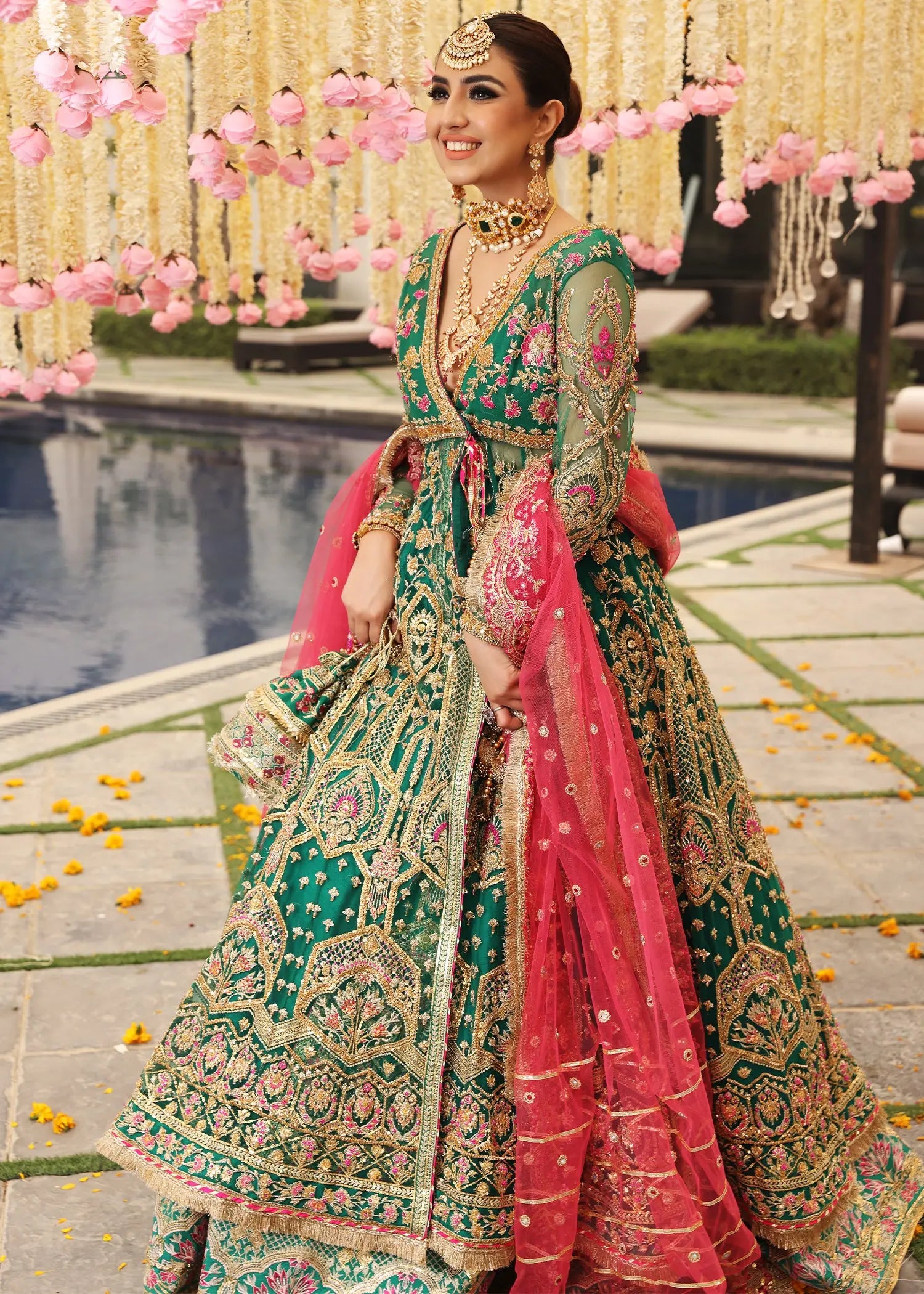 Emerald Green Embroidered Net Angrakha Lehenga (3-Piece) - Image 7