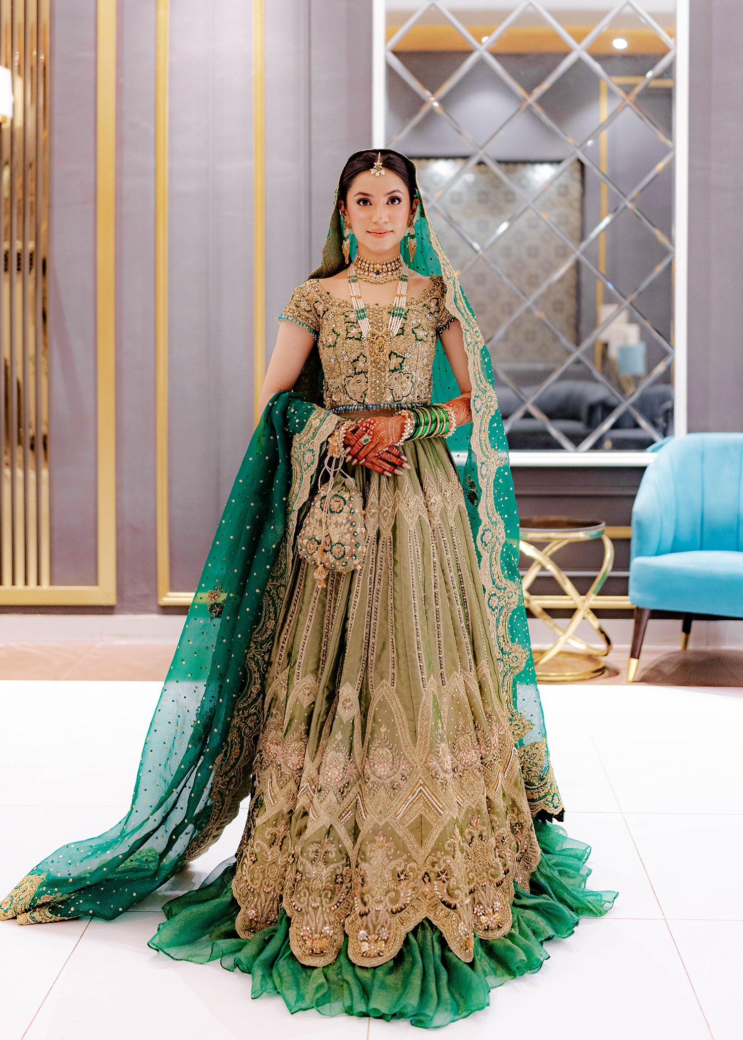 Emerald Green Zardozi Raw Silk Bridal Lehenga (3-Piece) - Image 1
