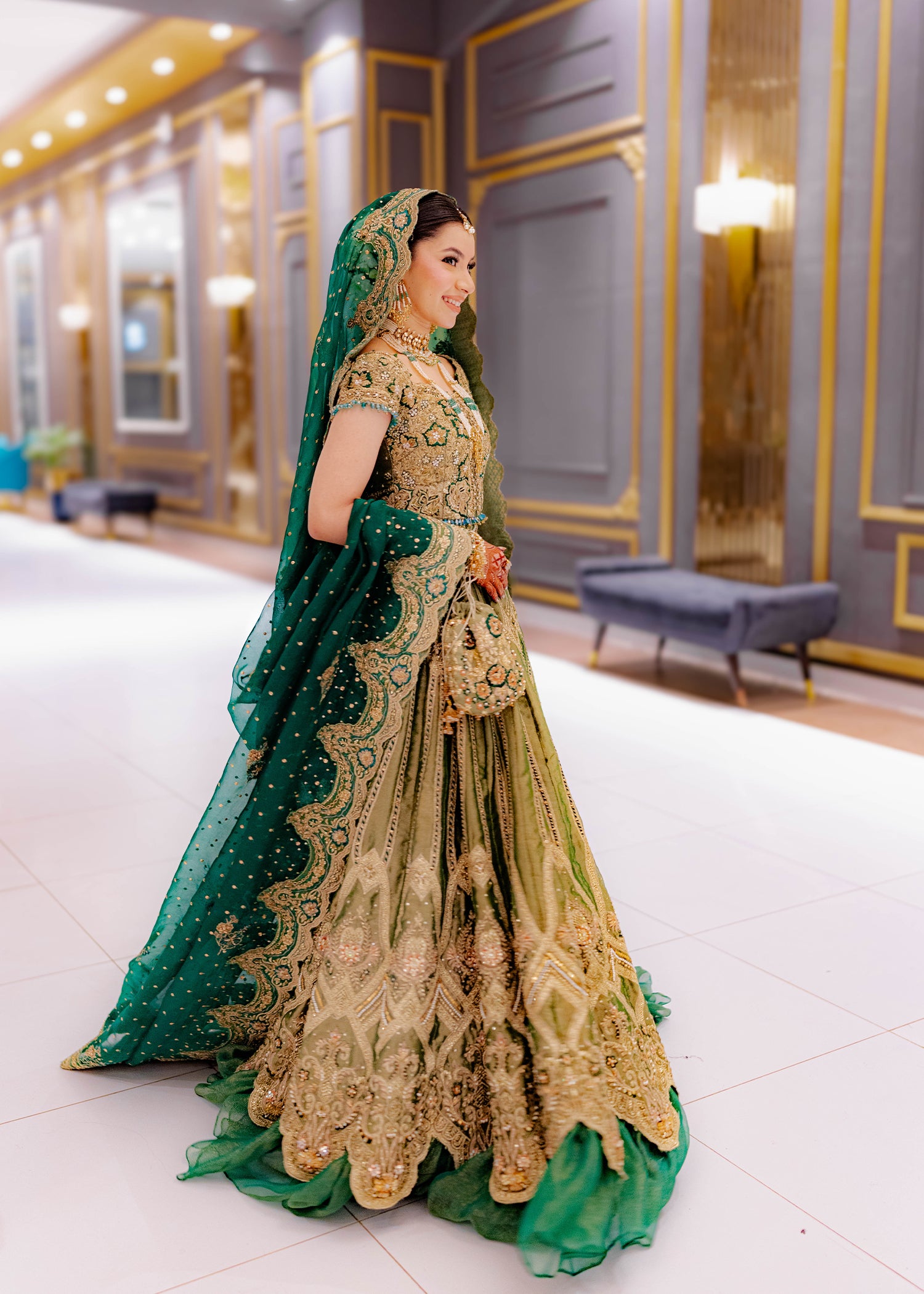 Emerald Green Zardozi Raw Silk Bridal Lehenga (3-Piece) - Image 2