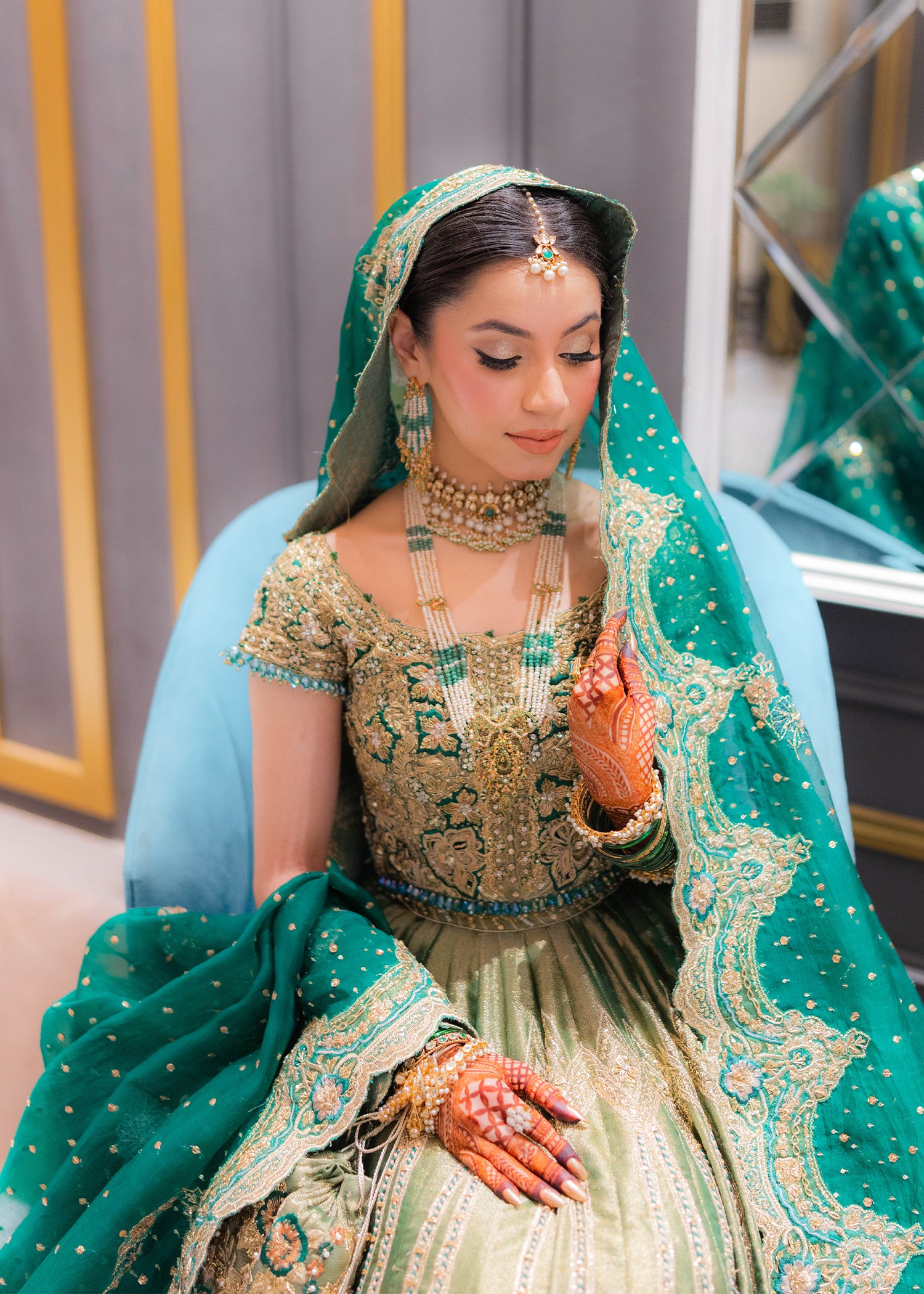 Emerald Green Zardozi Raw Silk Bridal Lehenga (3-Piece) - Image 9