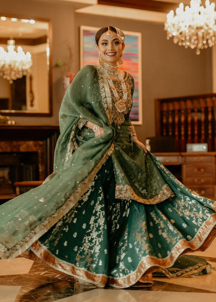 Emerald Green Zardozi Raw Silk Bridal Lehenga (3-Piece) - Image 1
