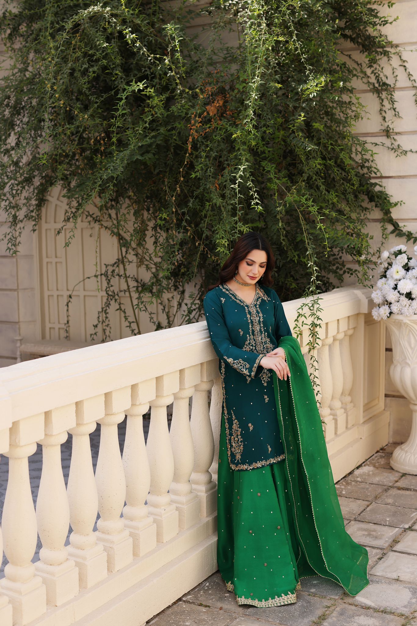 Pakistani Emerald Zardozi Raw Silk Lehenga Set (3-Piece) - Image 1