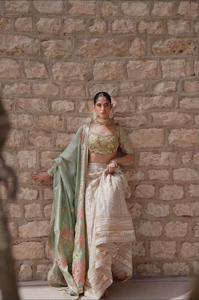 Pakistani Olive Zardozi Raw Silk Lehenga Choli (3-Piece) - Image 2