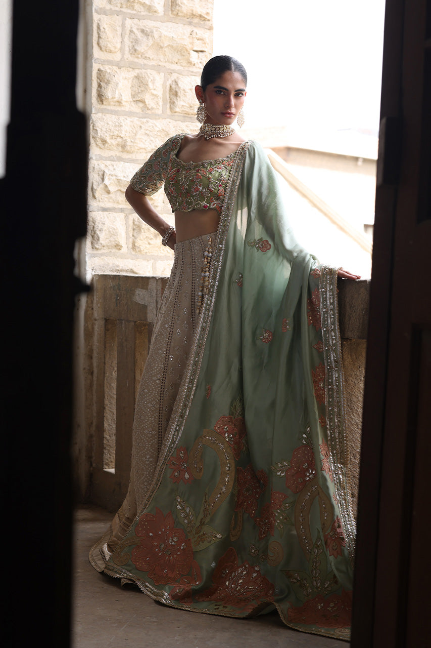 Pakistani Olive Zardozi Raw Silk Lehenga Choli (3-Piece) - Image 4