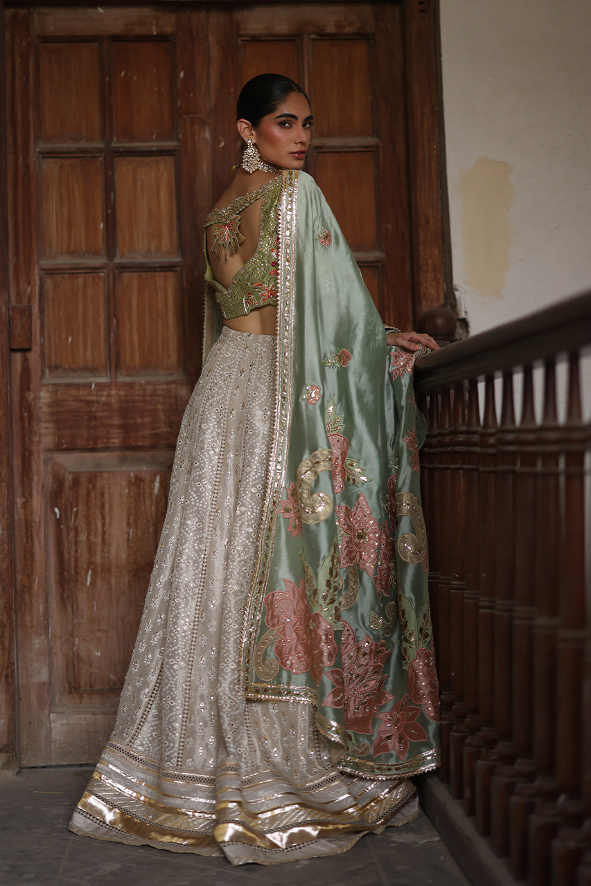 Pakistani Olive Zardozi Raw Silk Lehenga Choli (3-Piece) - Image 5