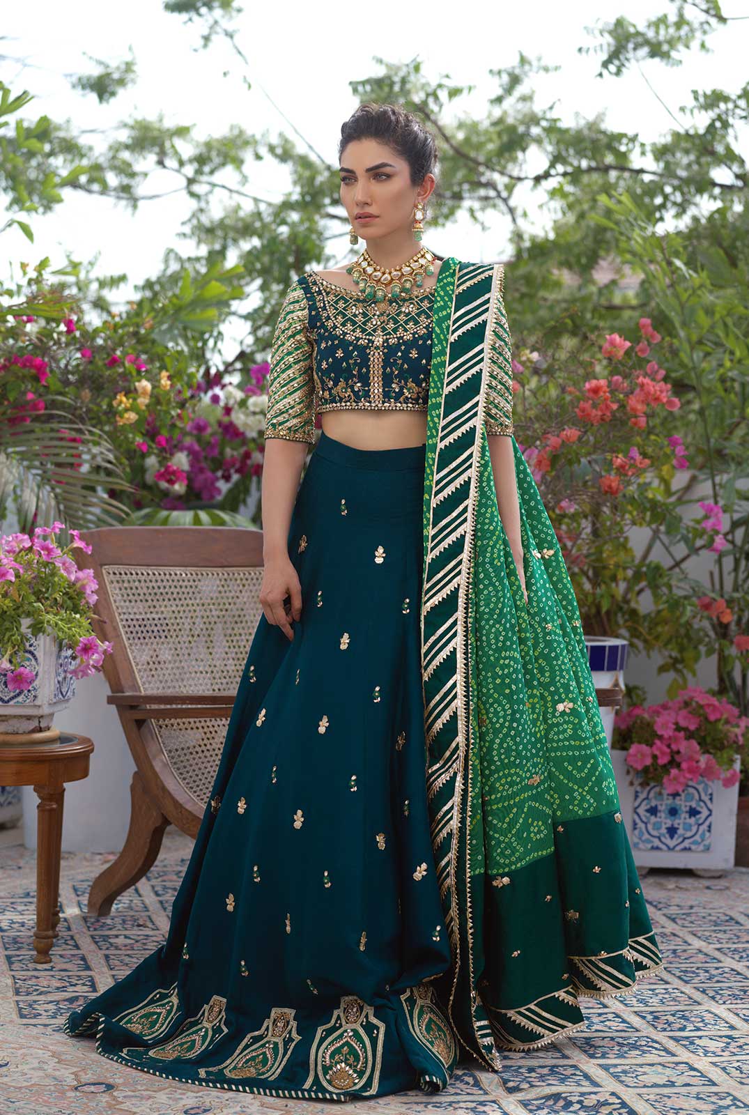 Pakistani Emerald Zardozi Raw Silk Lehenga Choli (3-Piece) - Image 1