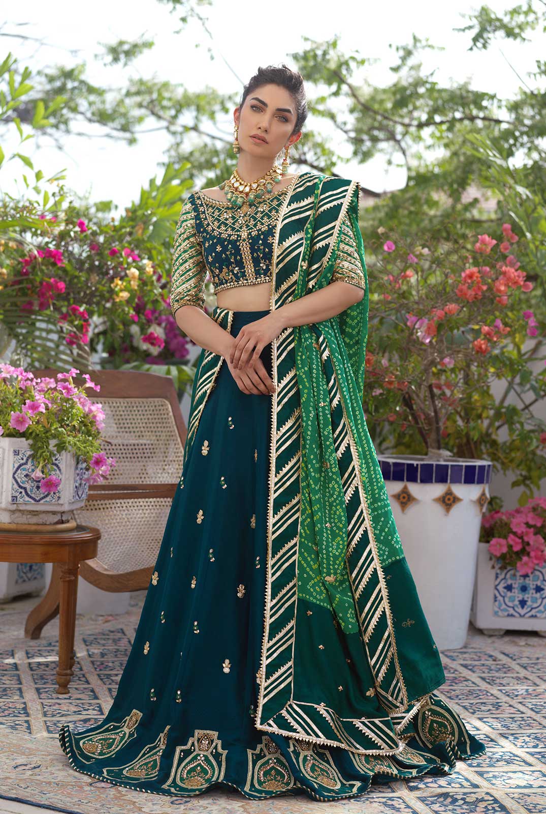 Pakistani Emerald Zardozi Raw Silk Lehenga Choli (3-Piece) - Image 2