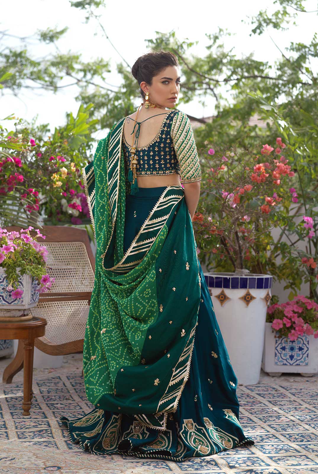 Pakistani Emerald Zardozi Raw Silk Lehenga Choli (3-Piece) - Image 3