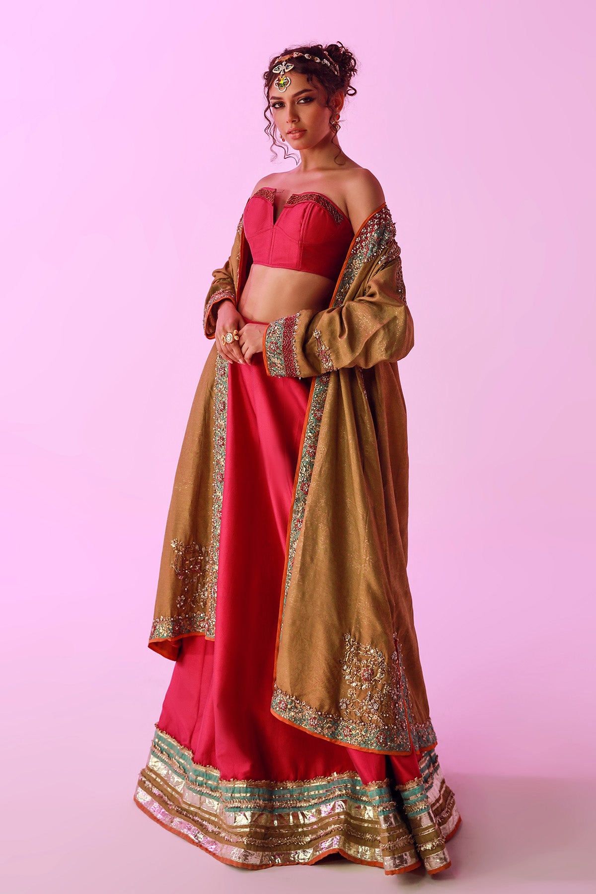 Pakistani Olive Green Zardozi Raw Silk Chogha & Magenta Lehenga (3-Piece) - Image 1