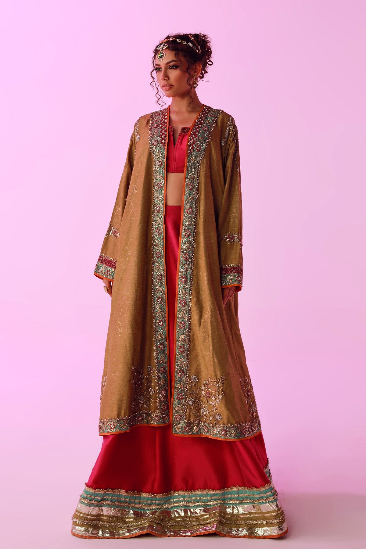 Pakistani Olive Green Zardozi Raw Silk Chogha & Magenta Lehenga (3-Piece) - Image 2