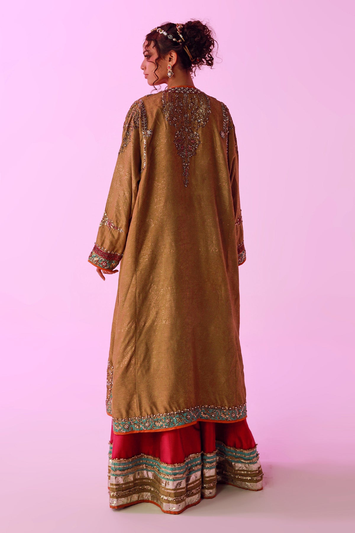 Pakistani Olive Green Zardozi Raw Silk Chogha & Magenta Lehenga (3-Piece) - Image 3