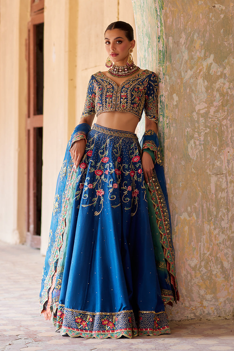 Pakistani Teal Zardozi Embroidered Raw Silk Lehenga Choli (3-Piece) - Image 1