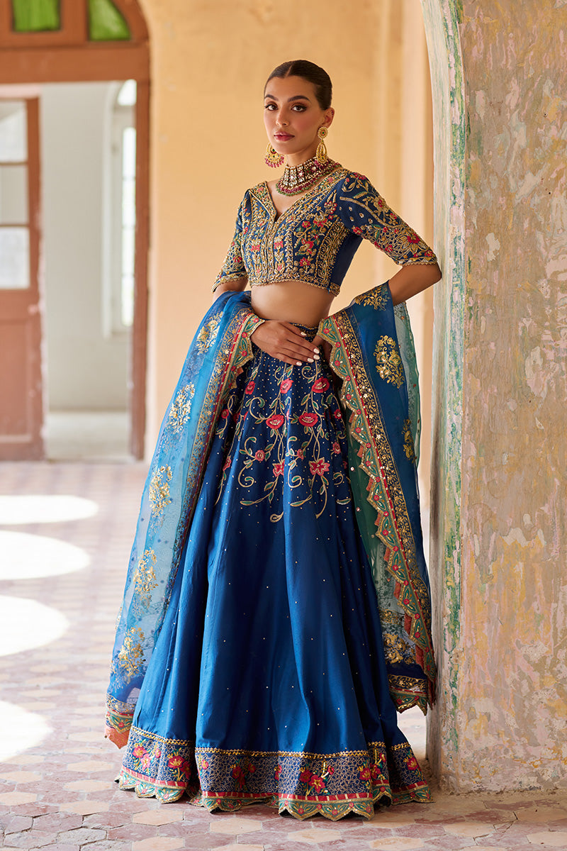 Pakistani Teal Zardozi Embroidered Raw Silk Lehenga Choli (3-Piece) - Image 2