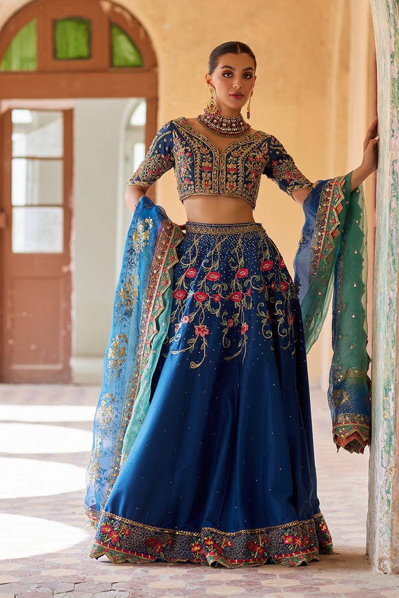 Pakistani Teal Zardozi Embroidered Raw Silk Lehenga Choli (3-Piece) - Image 3