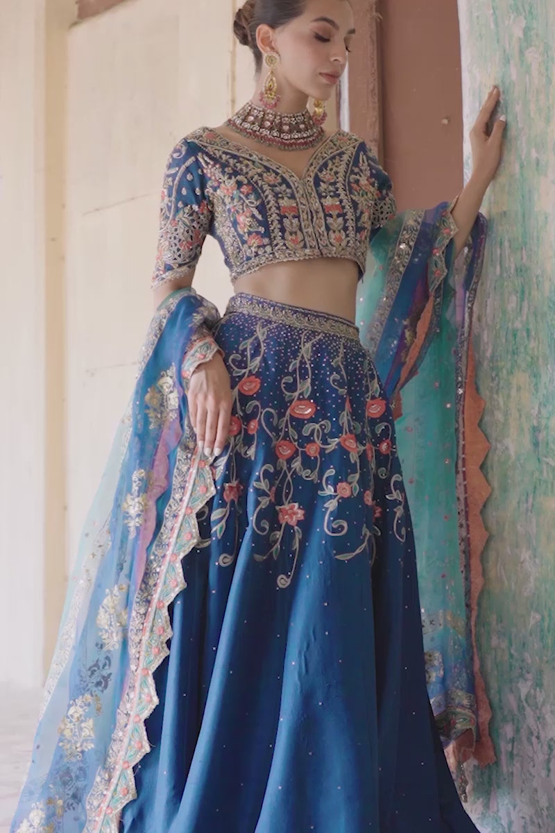Pakistani Teal Zardozi Embroidered Raw Silk Lehenga Choli (3-Piece) - Image 4