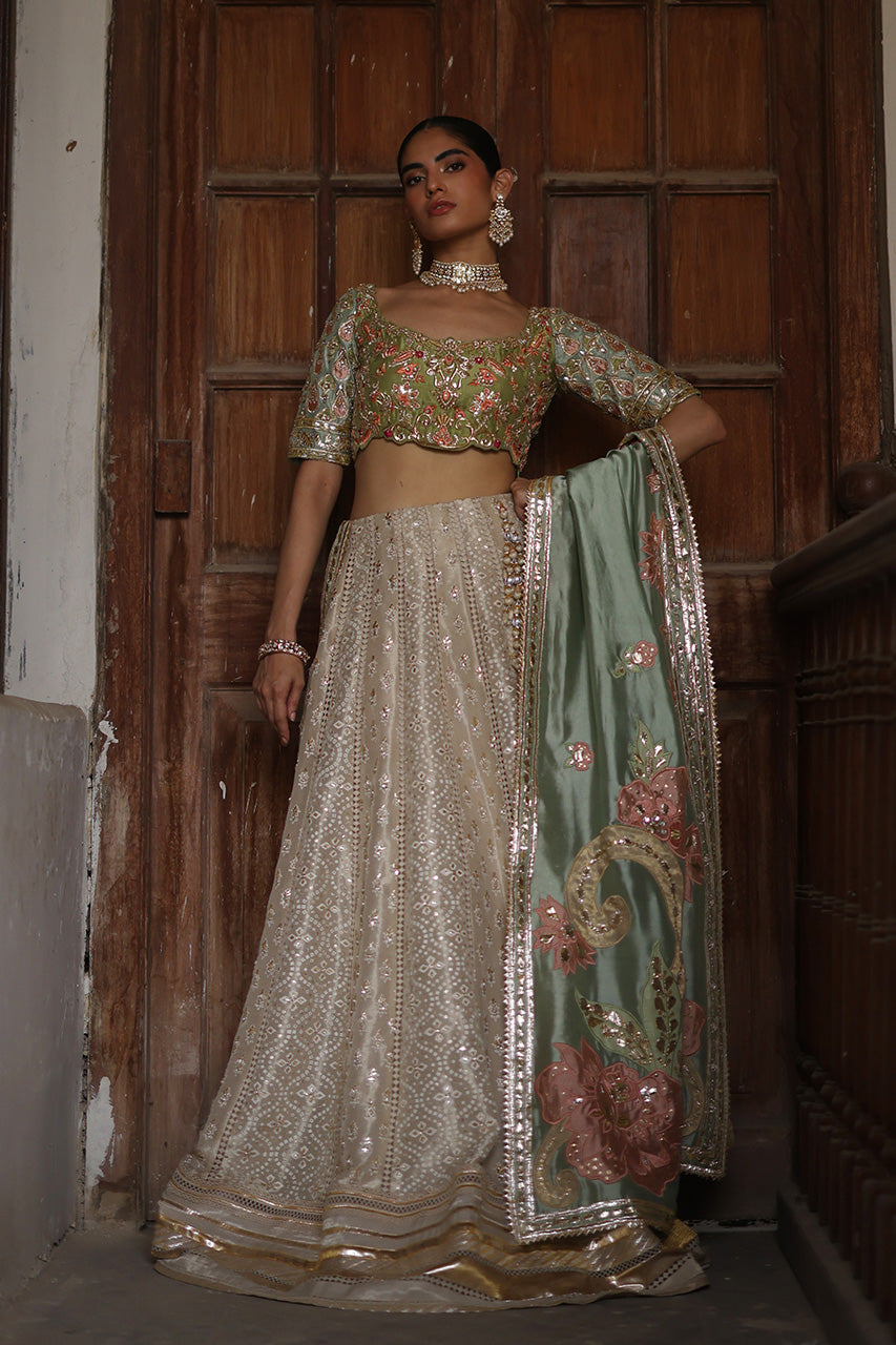 Pakistani Olive Zardozi Raw Silk Lehenga Choli (3-Piece) - Image 1