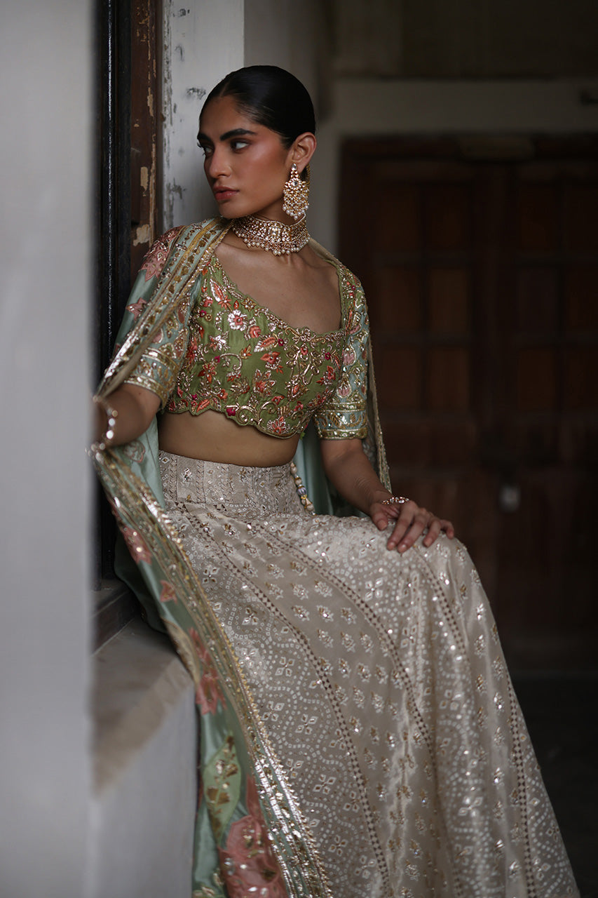 Pakistani Olive Zardozi Raw Silk Lehenga Choli (3-Piece) - Image 10