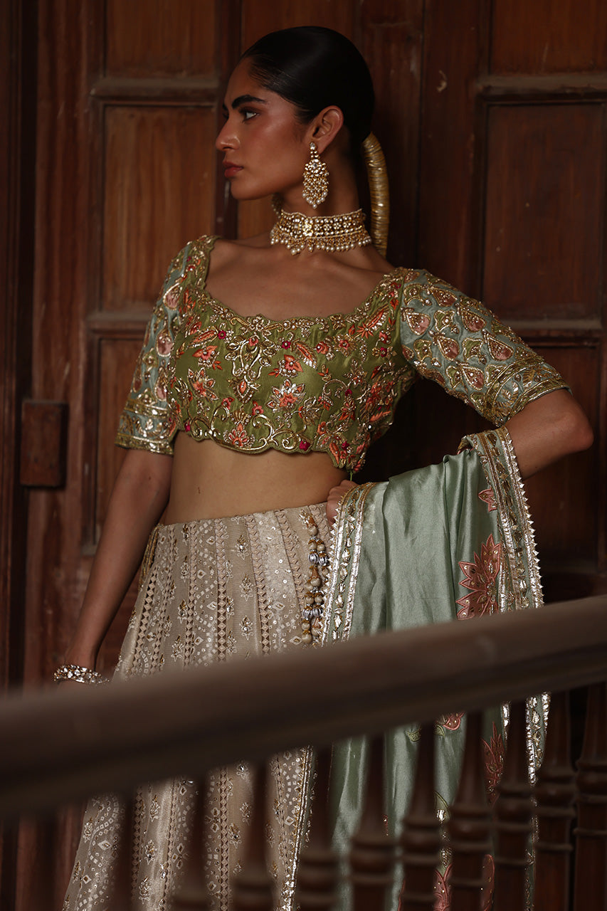 Pakistani Olive Zardozi Raw Silk Lehenga Choli (3-Piece) - Image 2