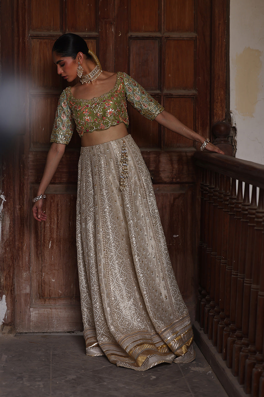 Pakistani Olive Zardozi Raw Silk Lehenga Choli (3-Piece) - Image 4